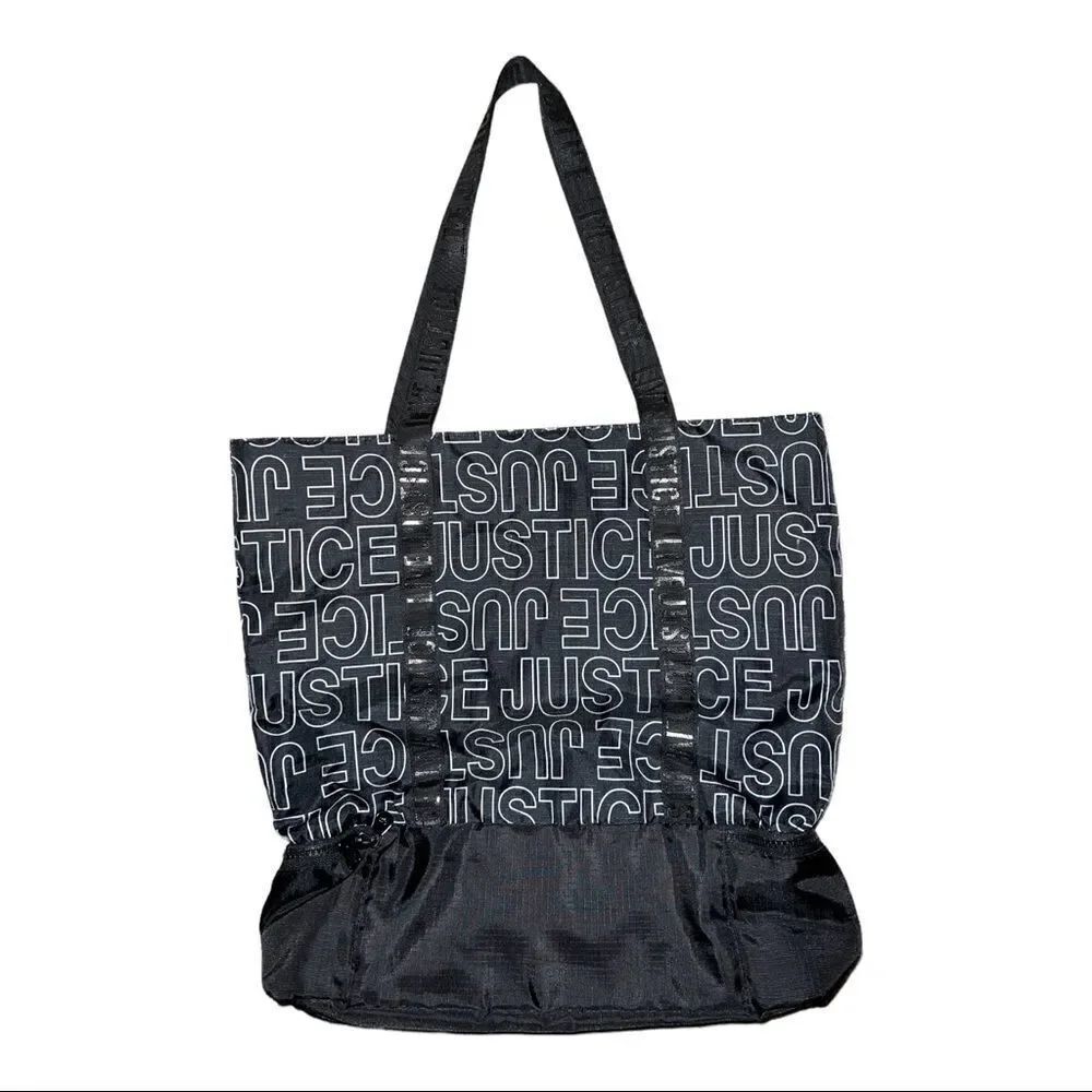 Justice Logo Drawstring Tote Bag Black White Girls Bag EUC